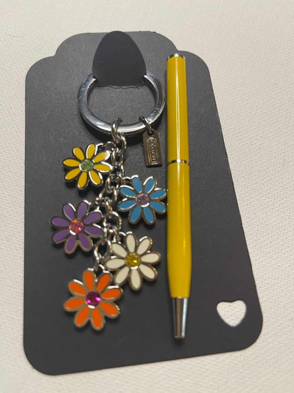 Coach Flower Charm Keyring with Yellow Enamel Coach Pen - Picture 6 of 7
